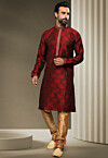 Buy Embroidered Neckline Art Silk Jacquard Kurta Set in Red Online ...