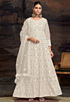 Embroidered Net Abaya Style Suit in Cream