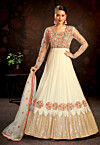 Embroidered Net Abaya Style Suit in Cream
