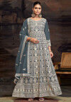 Embroidered Net Abaya Style Suit in Dusty Blue