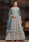 Embroidered Net Abaya Style Suit in Dusty Blue