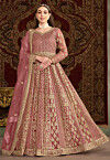 Embroidered Net Abaya Style Suit in Pink