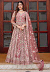 Embroidered Net Abaya Style Suit in Pink