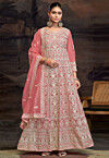 Embroidered Net Abaya Style Suit in Pink