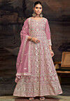 Embroidered Net Abaya Style Suit in Pink