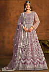Embroidered Net Abaya Style Suit in Purple
