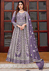 Embroidered Net Abaya Style Suit in Purple