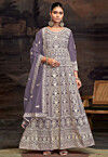 Embroidered Net Abaya Style Suit in Purple