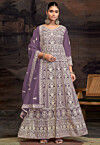 Embroidered Net Abaya Style Suit in Purple