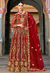Embroidered Net Abaya Style Suit in Red