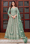 Embroidered Net Abaya Style Suit in Sea Green