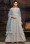 Embroidered Net Abaya Style Suit in Sky Blue