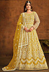 Embroidered Net Abaya Style Suit in Yellow
