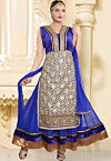 Embroidered Net Layered Abaya Style Suit in Blue and Beige