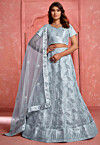 Embroidered Net Lehenga in Dusty Blue