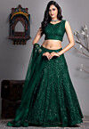 Embroidered Net Lehenga in Dark Green
