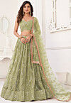 Embroidered Net Lehenga in Light Olive Green