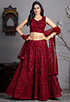 Embroidered Net Lehenga in Maroon