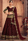 Embroidered Net Lehenga in Maroon