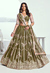 Embroidered Net Lehenga in Olive Green