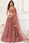 Embroidered Net Lehenga in Peach