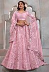 Embroidered Net Lehenga in Pink