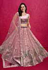 Embroidered Net Lehenga in Pink