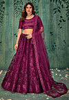 Embroidered Net Lehenga in Purple
