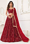 Embroidered Net Lehenga in Red