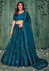 Embroidered Net Lehenga in Teal Blue