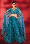 Embroidered Net Lehenga in Teal Blue