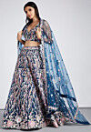 Embroidered Net Lehenga in Teal Blue