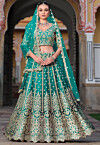 Embroidered Net Lehenga in Teal Blue