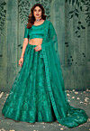 Embroidered Net Lehenga in Teal Green