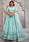 Embroidered Net Lehenga in Turquoise