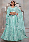 Embroidered Net Lehenga in Turquoise