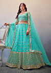 Embroidered Net Lehenga in Turquoise