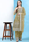 Embroidered Net Pakistani Suit in Beige