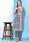 Embroidered Net Pakistani Suit in Grey