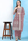 Embroidered Net Pakistani Suit in Old Rose