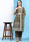 Embroidered Net Pakistani Suit in Olive Green