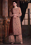 Embroidered Net Pakistani Suit in Peach