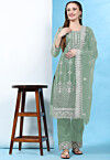 Embroidered Net Pakistani Suit in Sea Green