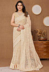Embroidered Net Saree in Beige