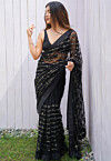 Embroidered Net Saree in Black