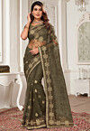 Embroidered Net Saree in Dusty Green