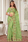 Embroidered Net Saree in Light Green