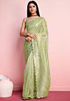 Embroidered Net Saree in Light Green