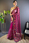 Embroidered Net Saree in Magenta