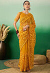 Embroidered Net Saree in Mustard